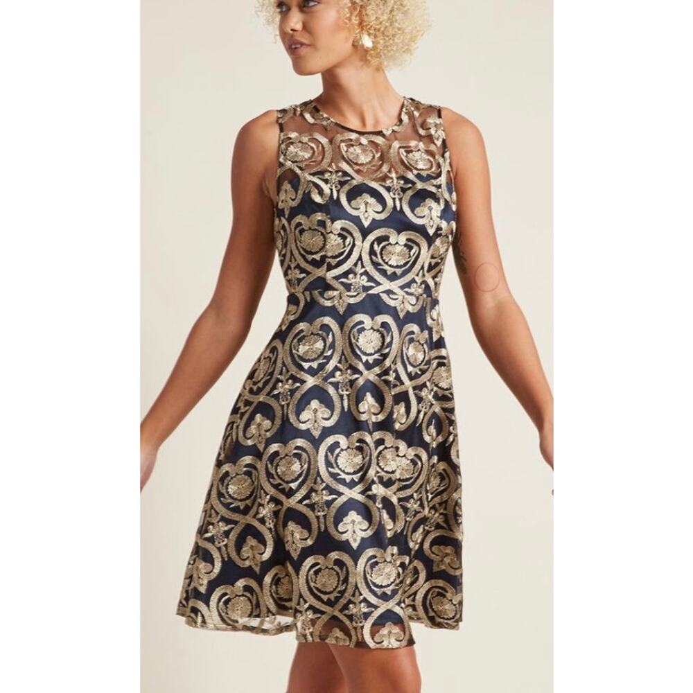 Liza Luxe Navy Blue Gold Brocade A-Line Dress Sleeveless Metallic Party